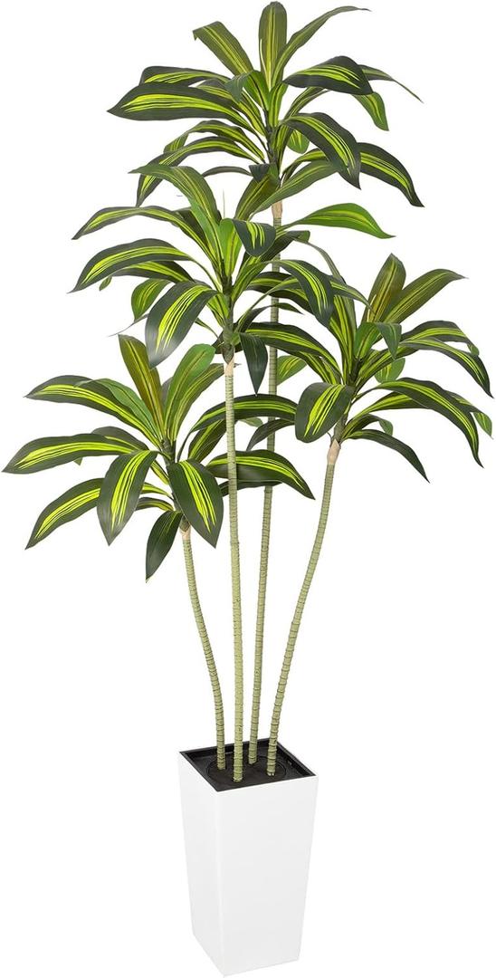 UV Resistant 6ft Artificial Dracaena Plant with Tall White Decorative Planter, 72in Artificial Dracaena Tree with Lifelike Leaves & Realistic Trunks, Tall Fake Plant for Indoor Outdoor Decor.