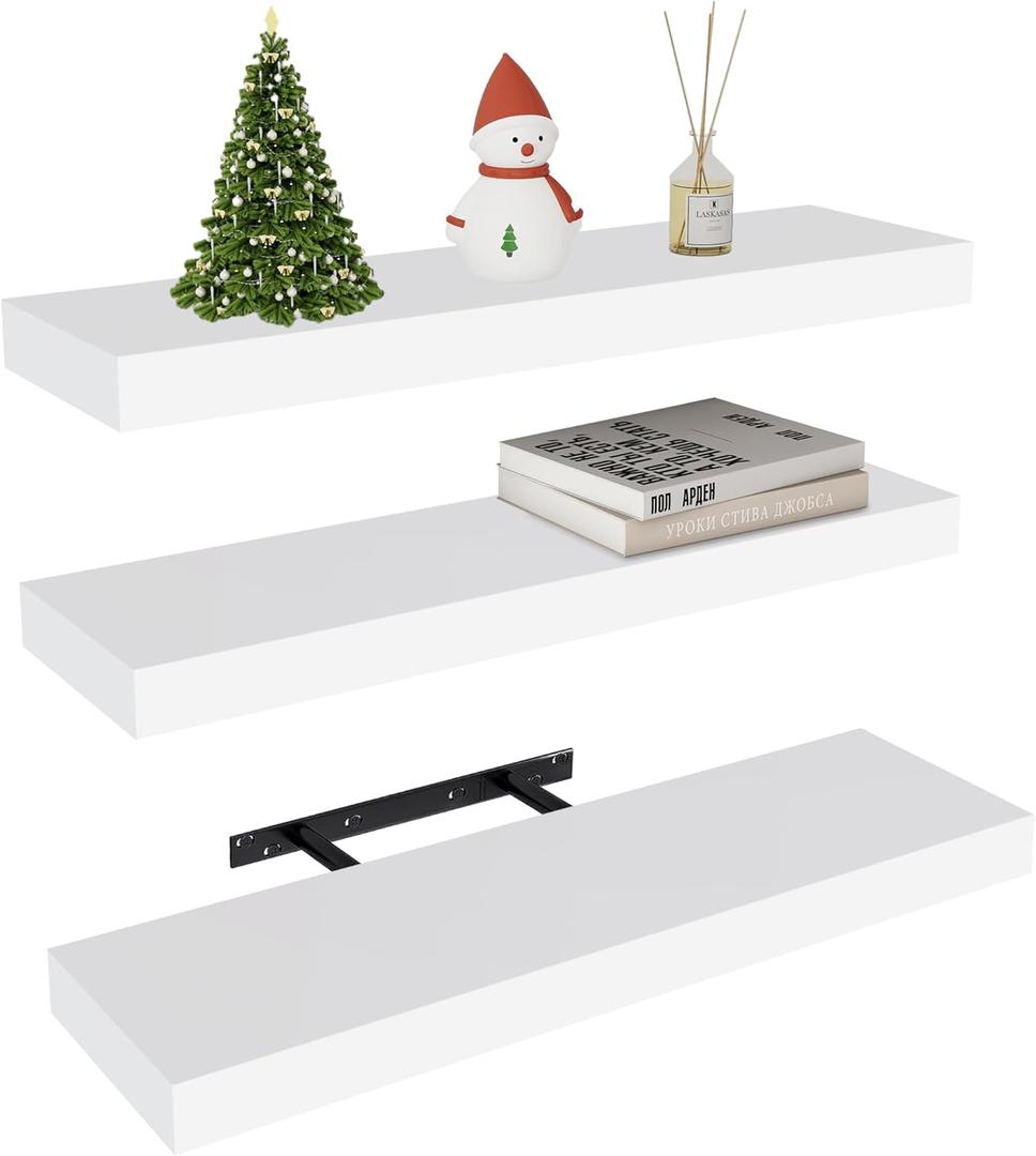 Vervida White Floating Shelves for Wall, 24" Rustic Wood Deep Wall Mounted Shelves with Invisible Brackets for Decor & Storage, Floating Shelf for Living Room, Bathroom (Set of 3)