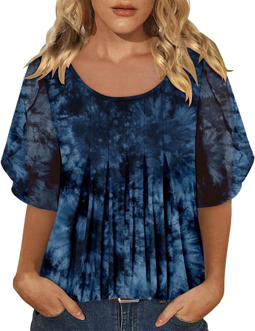 onlypuff Womens Double Layered Tunic Tops Half Sleeve Floral Double Layered Sheer Flowy Blouse Round/V Neck Casual Shirts (Red, L)