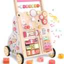 Wooden Baby Walker, Push Walker with Wheels, Montessori Activity Center Walker for Toddlers 12+ Months, Adjustable Height & Speed Learning Walking Toy for 1 Year Old Boys and Girls (Pink)