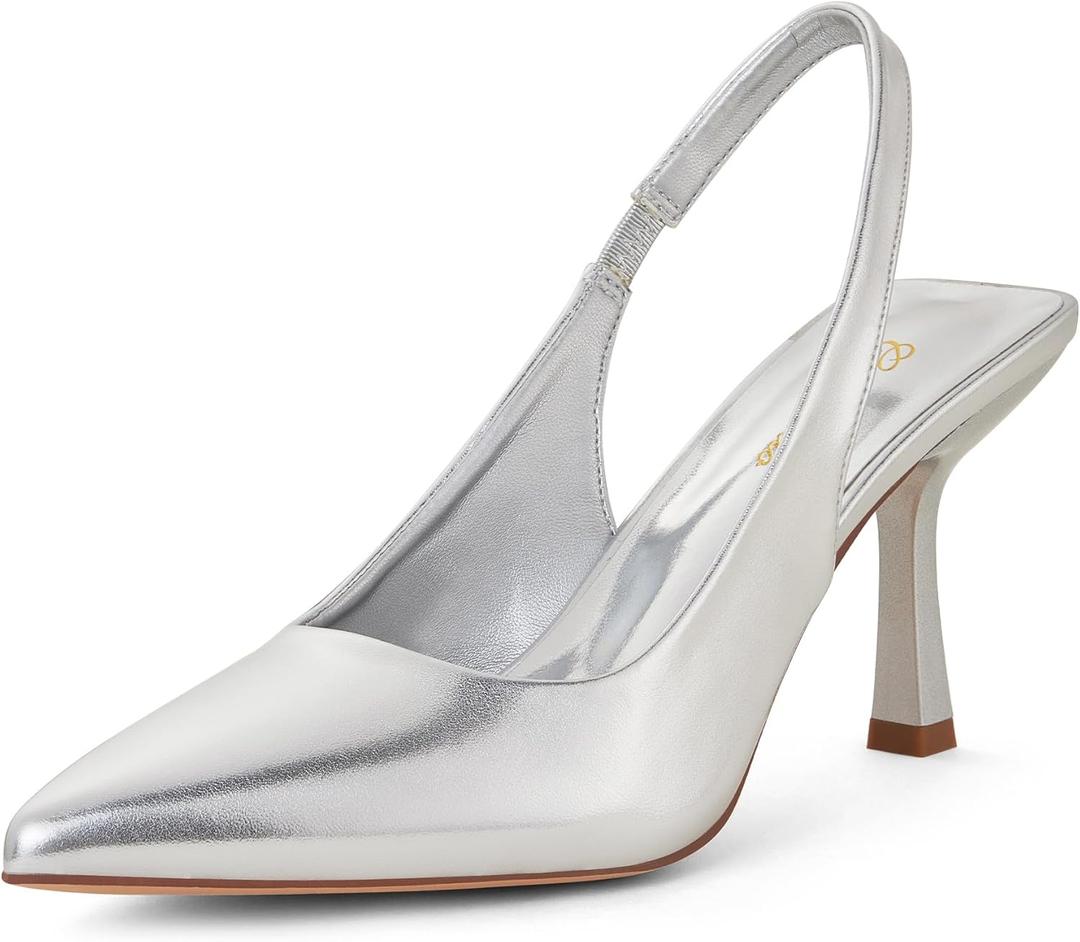 GENSHUO Women's Slingback Kitten Heel Pointed Closed Toe Stiletto Pumps Slip on Elastic Strap Wedding Party Dress Sandals Shoes (9)