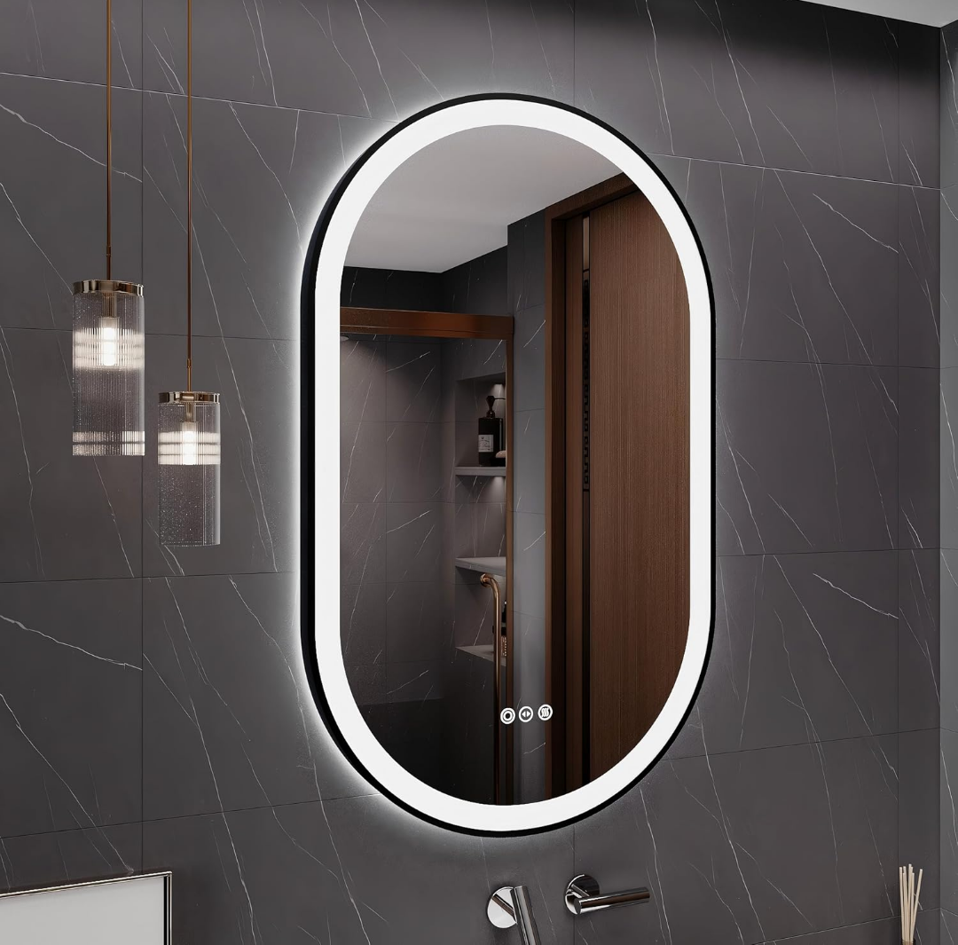 LED Mirror for Bathroom, 20x36 Inch Vanity Mirror with Lights，Anti-Fog Oval Bathroom Mirror, 3 Colors and Stepless Dimmable Wall Mounted Makeup Mirror with Metal Frame (Black)