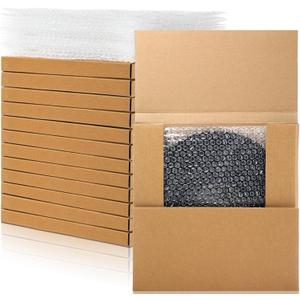 Janlaugh 10 Sets Vinyl Record Mailers 12.6 x 12.6 x 1" Shipping Boxes Easy Fold Album Corrugated Cardboard Box with Fragile Stickers and Bubble Bags for Packing Shipping Moving Storage (Kraft Color)
