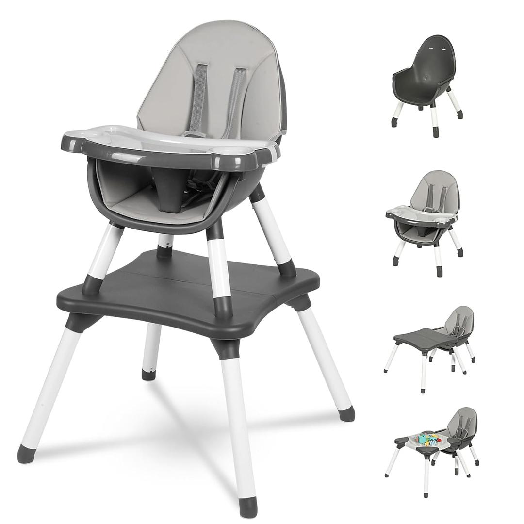 Gofirst 6 in 1 Baby High Chair,Convertible High Chairs for Babies and Toddlers/Booster Seat/Table and Chair Set,Babies Feeding Chair/5-Point Harness,4-Position Removable Tray&PU Cushion Baby Highchair (Grey)