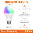 Amazon Basics Smart A19 LED Light Bulb, Color Changing, 9W (60W Equivalent), 800LM, Works with Alexa Only, 2.4 GHz Wi-Fi, No Hub Required, Energy Saving, 4-Pack