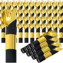 Sabary 50 Pack Pre Rolled Cutlery Set for Wedding Parties, Pre Rolled Disposable Silverware Set for 50 Guests Wrapped Disposable Gold Plastic Silverware with Forks Knives Spoons Napkins (Black)
