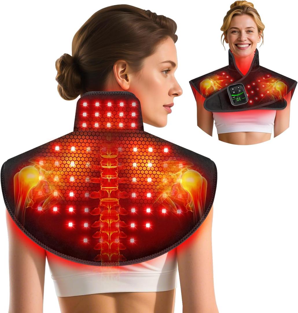 RELEXNOW Red Light Therapy for Shoulders and Neck Massage with Heat, 5000 mAh Battery Cordless Near Infrared Red Light Therapy Pad for Body, Wearable Heating Pad for Upper Back, Shoulder & Neck