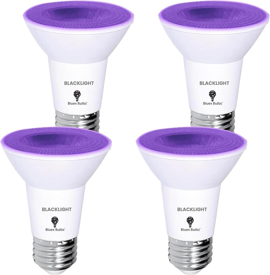 Bluex Bulbs 4 Pack PAR20 LED Black Light Bulb, 10W (100Watt Equivalent) E26 Blacklight Bulb Level 385-400nm, Body Paint, Glow in The Dark Party LED Light Bulb Neon Glow Fluorescent Poster