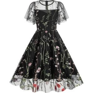 Women Keyhole Floral Embroidery Dress Sheer Mesh Illusion Vintage Cocktail Swing Dress Wedding Party Prom Tulle Evening Dress (Black, Size: 43" x 15")