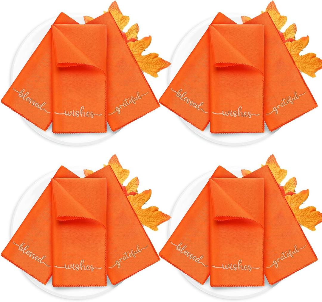 Sliner 12 Pcs Thanksgiving Cloth Napkins Set 17 x 17 Inch Thanksgiving Orange Fabric Napkins Embroidered Seasonal Sayings Washable Wishes Grateful Blessed Decor for Holiday Kitchen Party