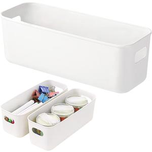 3 Pack White Storage Bin, 10" Long Bathroom Organizing Bins, Plastic Organizer Bins with Handles for Vanity, Pantry, Shelves