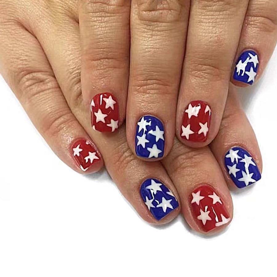 Independence Day Press On Nails Short Square Fake Nails 4th Of July With Star Design Full Cover Artificial Acrylic Nails Glossy Red Glue On Nails Blue Stick On Nails For Women 24pcs