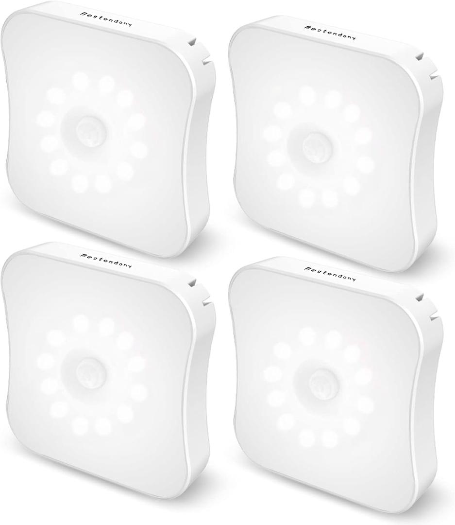 Rechargeable Motion Sensor Light Indoor Stair Lights Rechargeable Battery Night Light Wireless Stick On Motion Detection Magnetic Lights for Step, Stair, Hallway, Closet, Bathroom, 4 Pack (White)