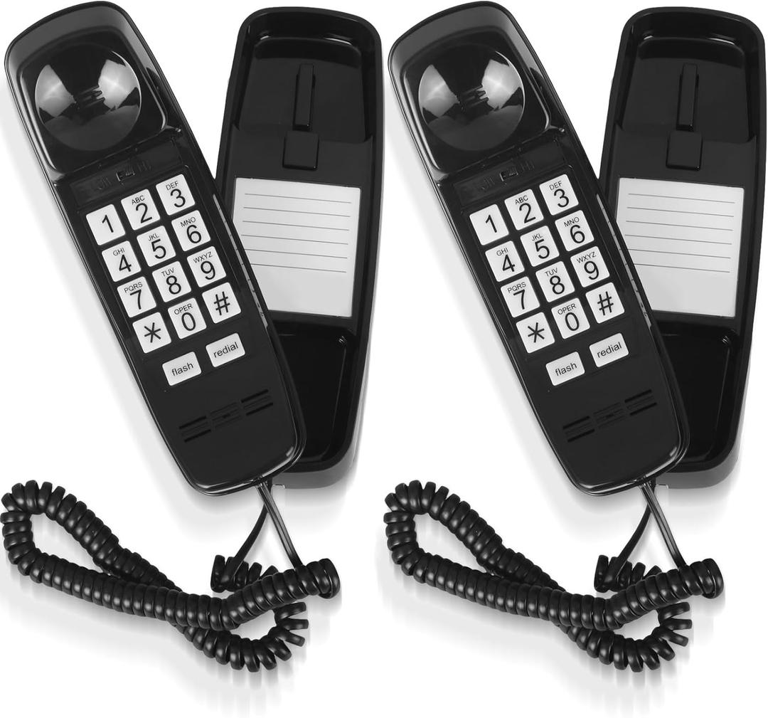 2 Pcs Wall Landline Phone Corded Home Phone with Large Button Loud Volume Visual Ringer Mini Telephone for Bathroom Kitchen Office Hotel, Black
