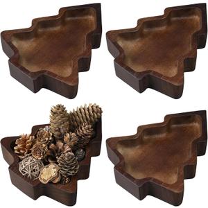 4 Pcs Christmas Wooden Bowl Christmas Tree Tray Dough Charcuterie Board Rustic Xmas Sushi Plate Hand Carved Wood Bowl Paulownia Bowls for DIY Decoration Dining Home