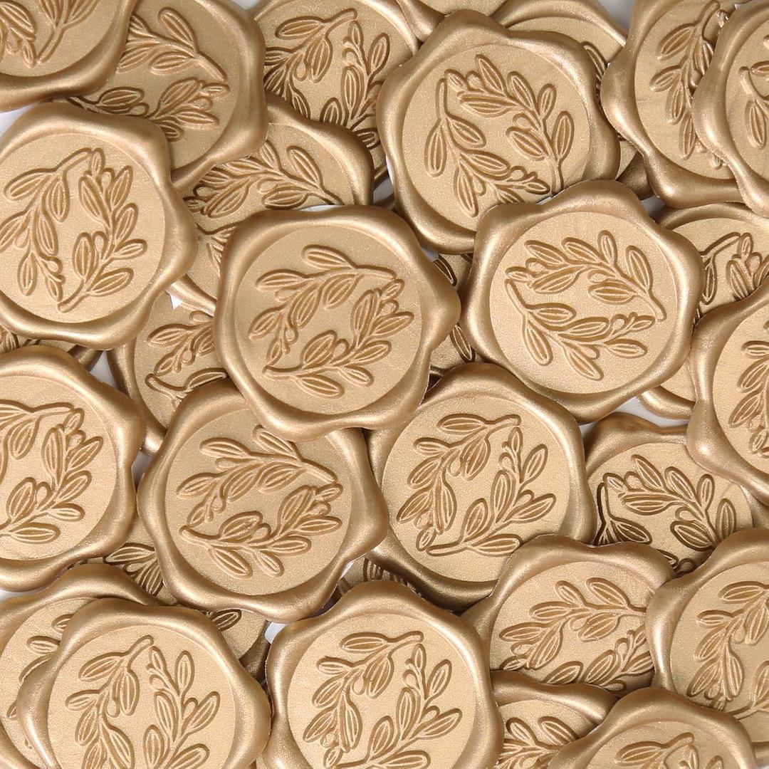 UNIQOOO Wax Seal Stickers - Olive Branch Wedding Invitation Envelope Seal Stickers, 100 Pcs Self- Adhesive Prosecco Metallic Lignt Gold Sticker, Perfect for Invitation, Christmas, Gift Wrapping