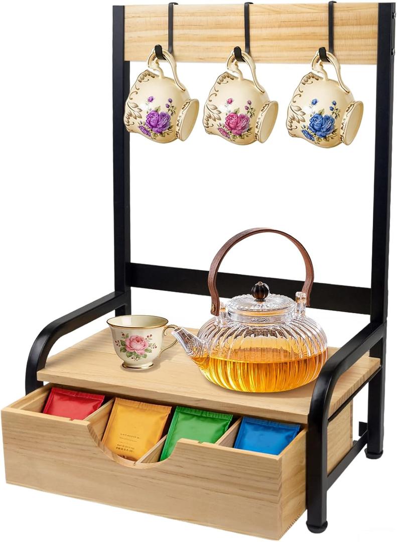 Tea Bag Organizer with Adjustable Drawer, Tea Organizers and Storage with 3 Hooks, Wood & Metal Tea Bag Holder, Tea Box Organizer for Countertop Tea Station, Tea Storage Organizer