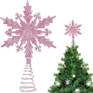 Civaner 8.3 Inch Pink Christmas Glitter Snowflake Tree Topper Pink Snowflake Xmas Tree Decor Christmas Ornaments Decoration for Xmas New Year Party Winter Holiday Indoor Home