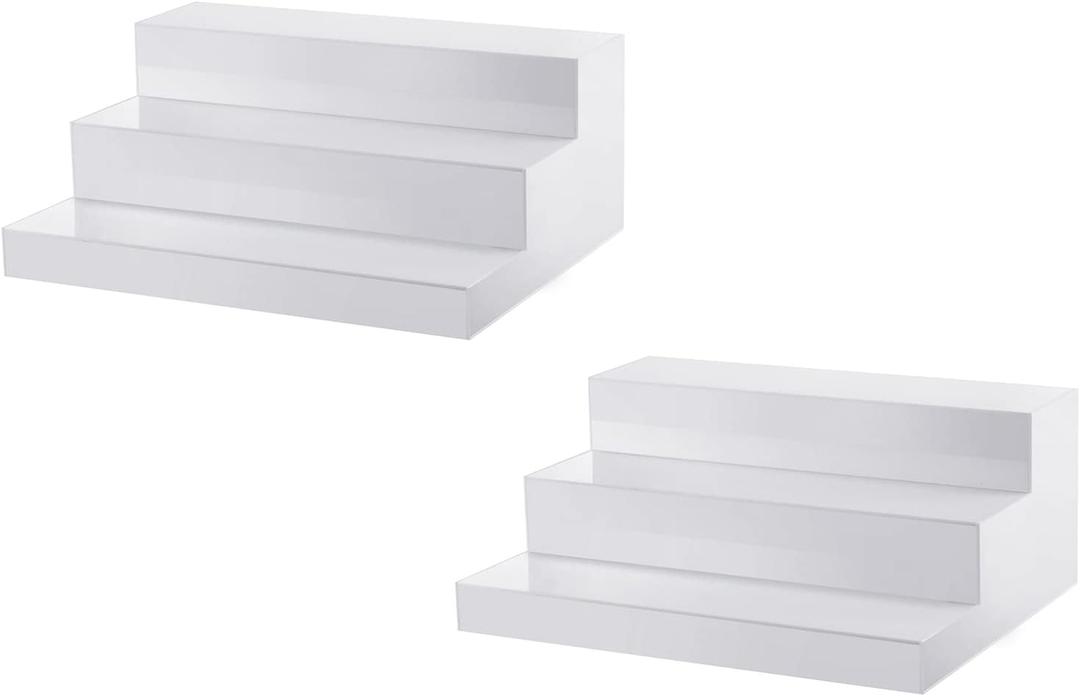 CiaoHER Large Acrylic Wine Liquor Bottle Rack 3 Tier White Countertop Riser Display for Bar Coffee Leisure Station Retail Store Shop Grocery Collection Organizer Stand (16''-2pack)