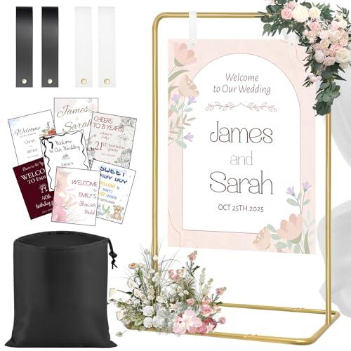 Jsngbse Wedding Welcome Sign Stand with 2 Pair Hanging Strap, Adjustable Welcome to Our Wedding Sign Holder Stand, Heavy Duty Gold Easel Stands for Sign Poster, Metal Floor Standing Easels for Display