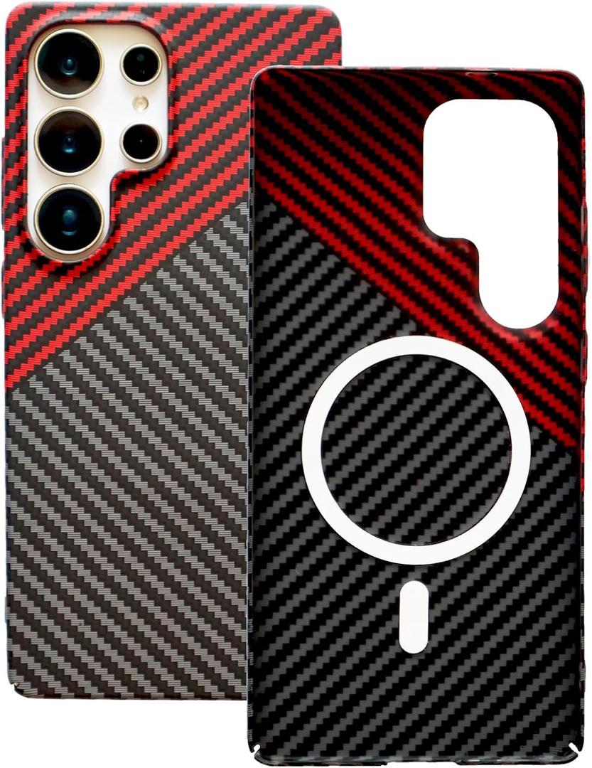 Designed for Samsung Galaxy S24 Ultra Case, Compatible with Mag-Safe, S24 Ultra Phone Case Slim Carbon Fiber, Case for Samsung S24 Ultra Shockproof Strong Magnetic Cover, Wireless Charging (Red)