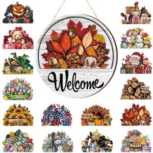 Yousoontic 17 Pcs 12 Inch Magnetic Welcome Door Sign Interchangeable Front Door Decor Rustic Fall Seasonal Hanging Sign Halloween Christmas Decor for Home Warming Gift(Classic Color,Welcome)