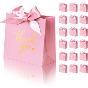 DECHISY 50 Pack Small Thank You Gift Bags, 4.5x1.8x3.9 Inches Party Favor Bags, Mini Pink Thank You Bags with Ribbon, Wedding Candy Favor Boxes, Paper Gift Bags for Baby Shower, Birthday Party