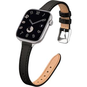 STIROLL Slim Leather Bands Compatible with Apple Watch Band 38mm 40mm 41mm 42mm(Series 11 10), Top Grain Leather Watch Thin Wristband for iWatch SE 9 8 7 6 5 4 3 2 1 (Black Silver)