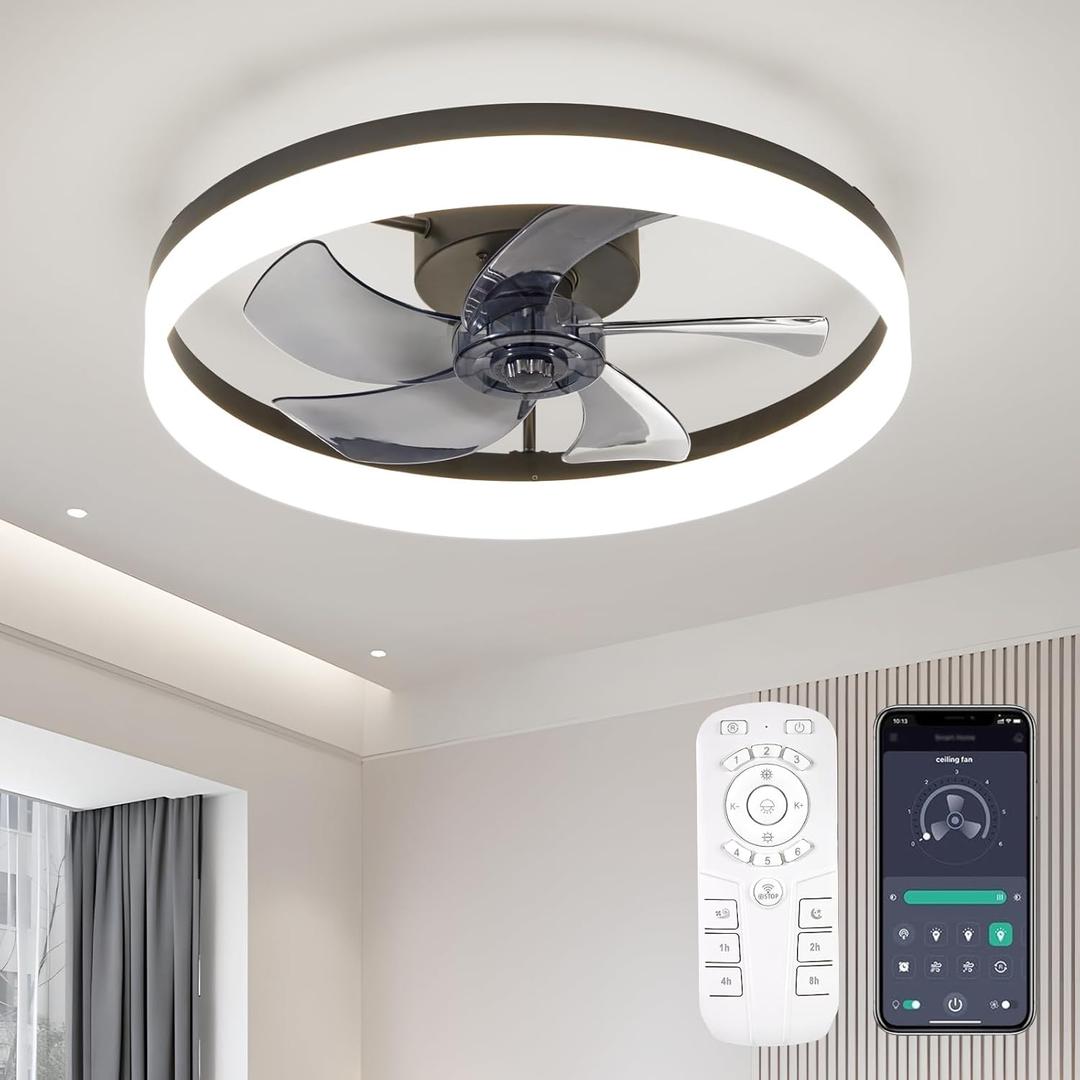 FTZVRD Ceiling Fans with Lights and Remote, 20 Inch Flush Mount Low Profile Ceiling Fan, Reversible DC Motor, 6 Speeds, Dimmable LED Fan for Bedroom, Kitchen, Dining Room, Kids Room, Office (Black)