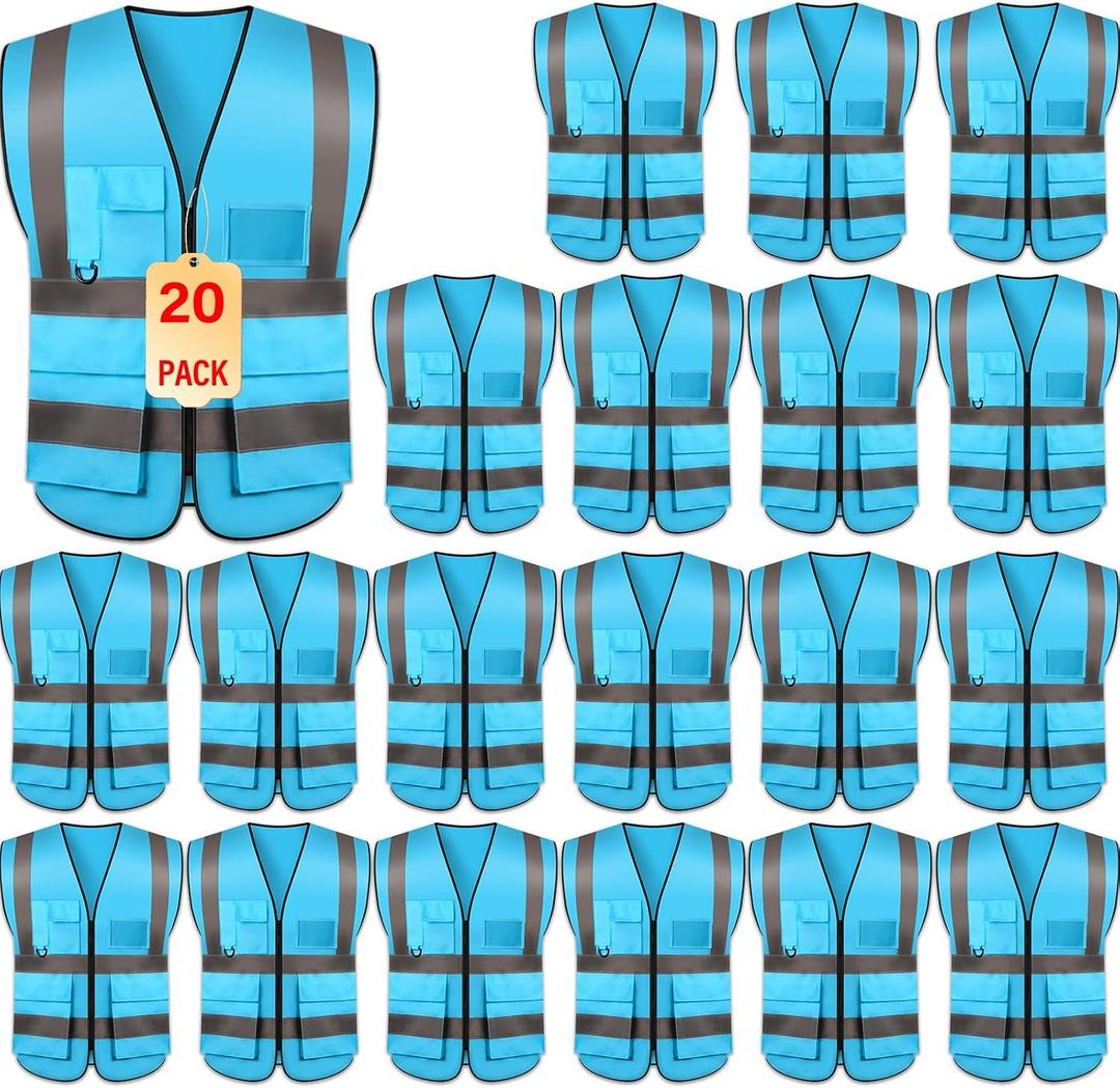 Safety Vests 20 Pack,Hi Vis Construction Vest with 5 Pockets and Zipper,Reflective Vest for Men Women Work One Size (Blue)