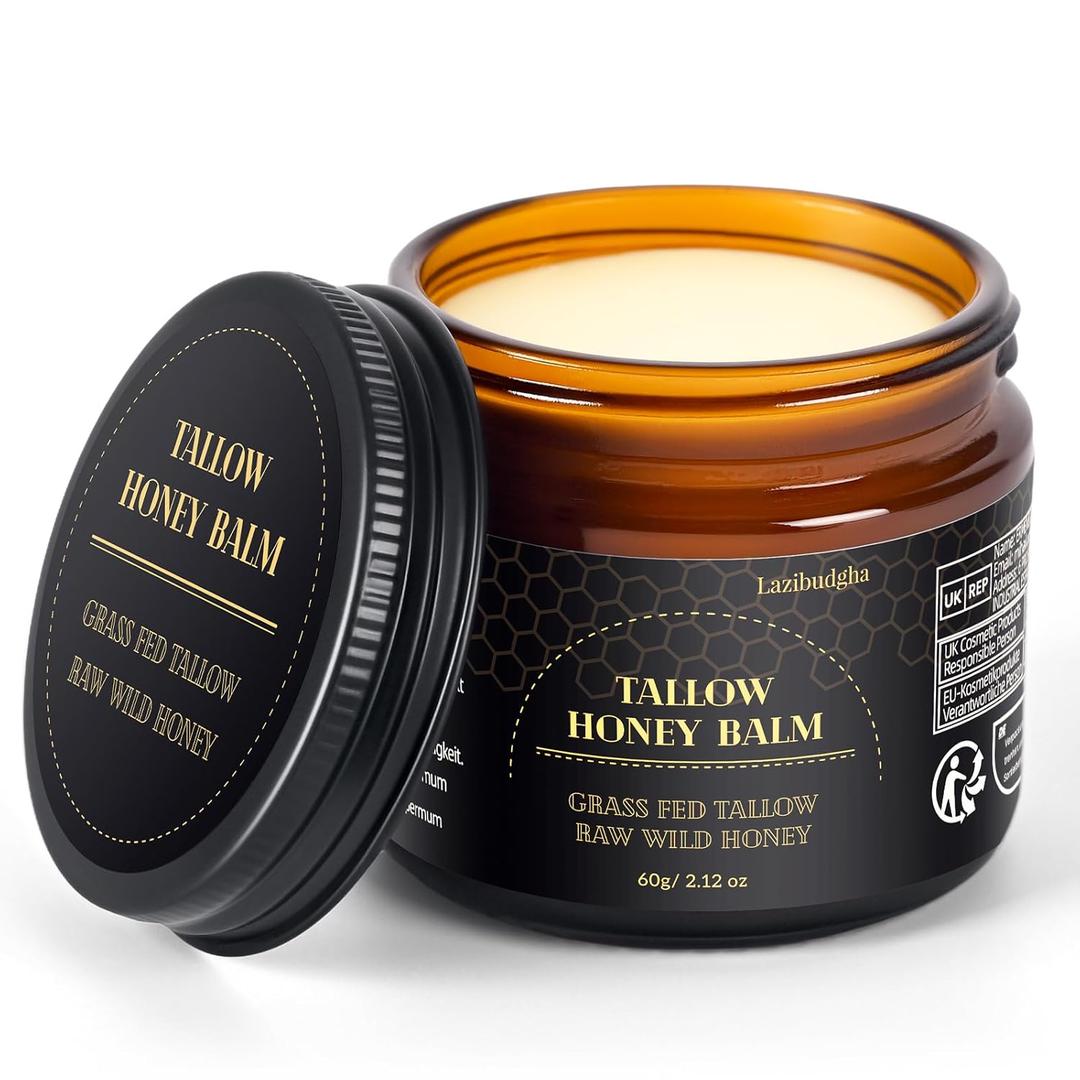 Lazibudgha Beef Tallow for Skin, Tallow and Honey Balm for Face, GrassFed Tallow for Body, Deep Nourishing 2.1oz / 60g