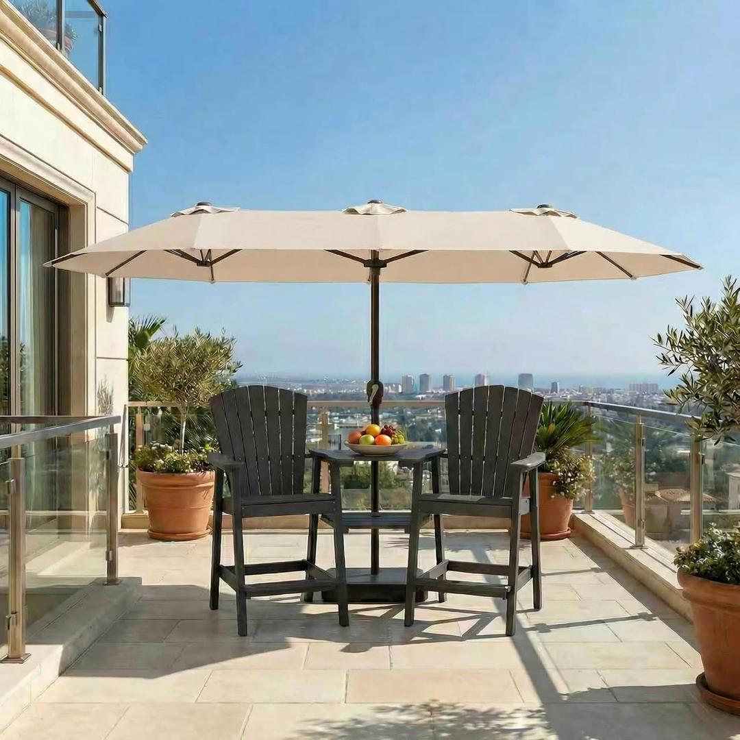 15FT Double Sided Patio Umbrella with Base Included, Double Sided Outdoor Market Umbrella with Flexible Fiberglass Ribs, UV-Blocking Extra Large Umbrella for Garden, Pool, Deck, Beige