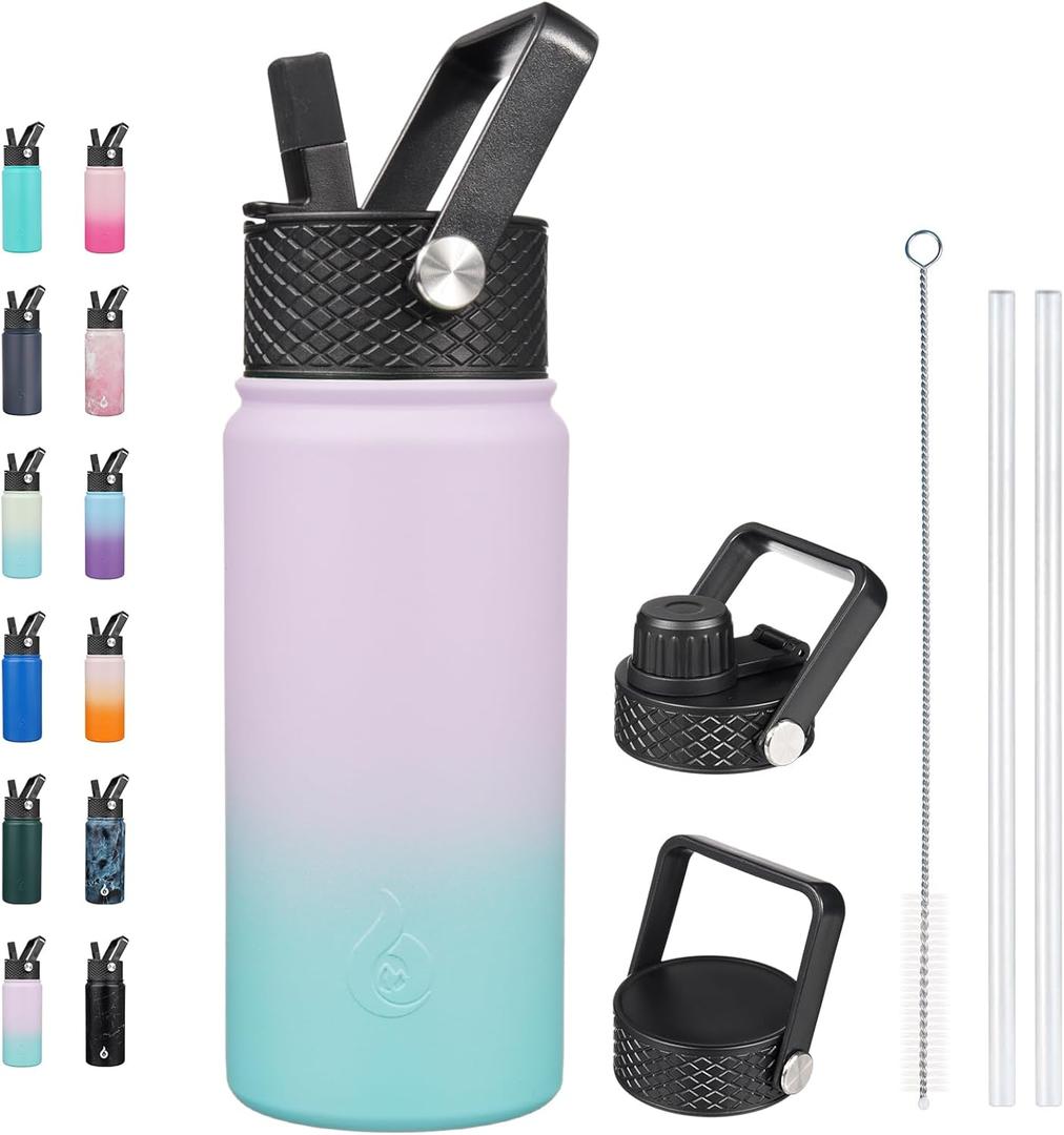 BJPKPK Insulated Water Bottles with Straw Lid, 18oz Stainless Steel Metal Water Bottle, Cold Hot Thermos with 3 Lids, Leak Proof BPA Free Travel Cup, Wide Mouth Flasks, Thermos -Oasis