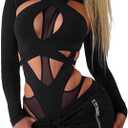 Aopwsrlyi Women's Cut Out Bodysuit Sexy Rave Outfits Long Sleeve Mock Neck Hollow Out Sheer Mesh Bodysuit Jumpsuits (Medium, Black)