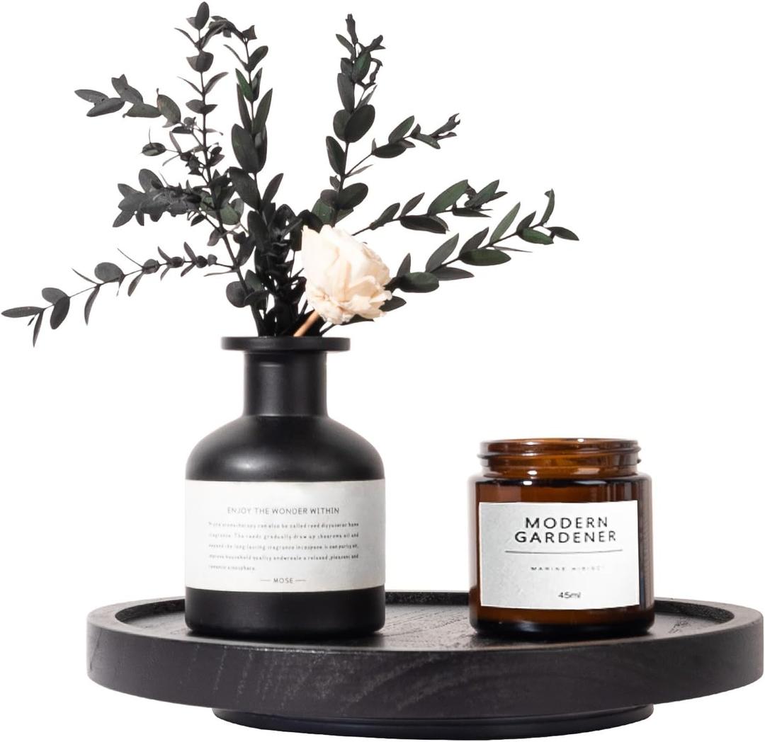 Wood Lazy Susan Organizer Kitchen Turntable for Cabinet Farmhouse Bathroom Decor Round Decorative Tray for Vanity, Counter, Sink, Coffee Table, 9 Inch, Black