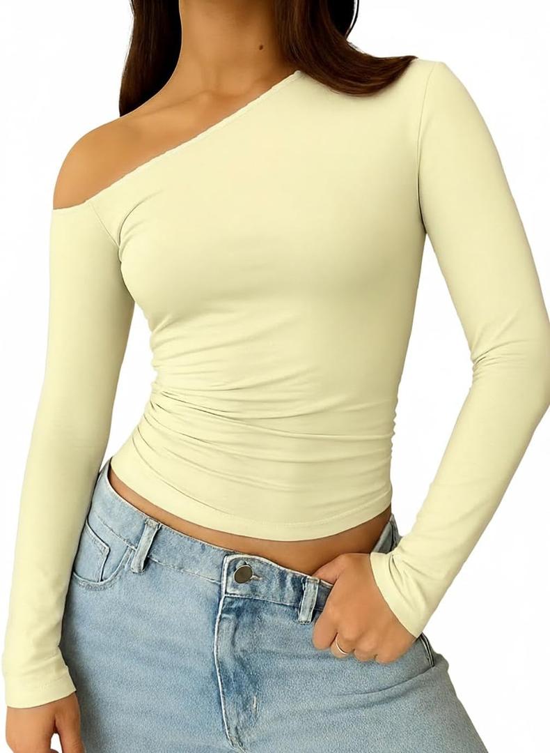 ForeFair Women Sexy Off The Shoulder Long Sleeve Top Y2k Ruched Going Out Tops Cute Slim Fit Fall T-Shirts (Small)