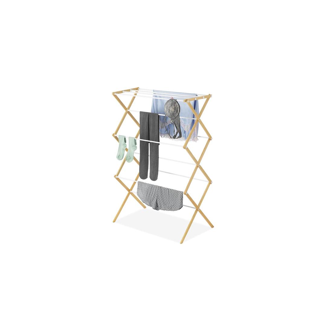 Whitmor Foldable Clothes Drying Rack: 3 Tier Laundry Drying Rack, Collapsible Drying Rack Clothing, Portable Space Saving Clothing Rack for Indoor Outdoor, 17.0 L x 29.5 W x 43.5 H, Wood