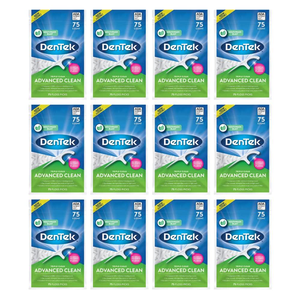 DenTek Advanced Clean Triple Clean Floss Picks, Mouthwash Blast, Dental Flossers for Plaque Removal, No Break No Shred Floss, Oral Care, 75 Count (14-Pack)