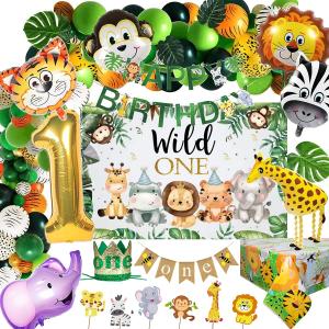 Safari 1st Birthday Decorations for Boy Wild One Backdorp Happy Birthday Banner Jungle Themed Tablecloth Balloon Garland Kit