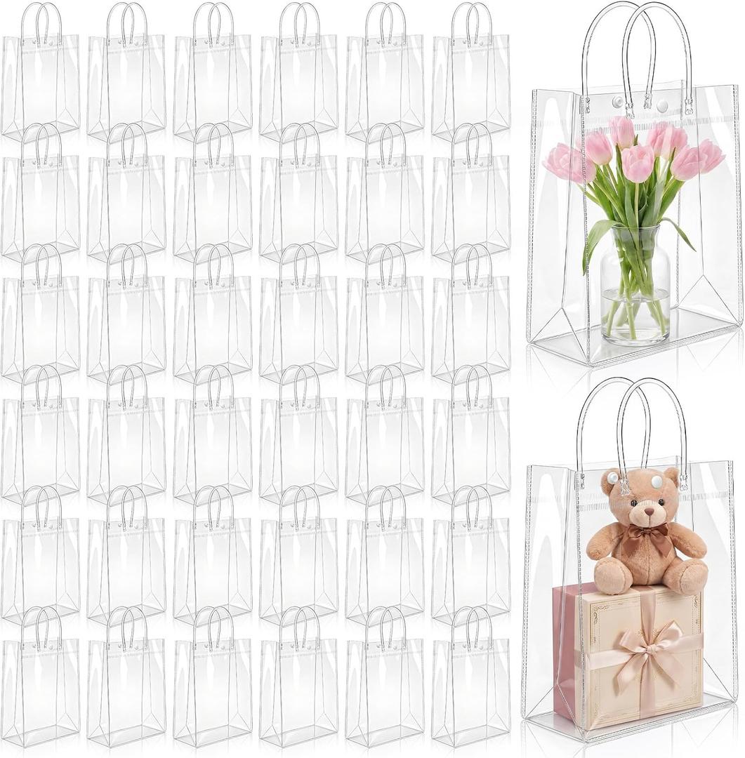 LEIFIDE 50pcs Clear Plastic Gift Bags with Handles PVC Reusable Transparent Totes Bags for Goodie Candy School Birthday Party(7.9 x 11.8 x 3.9 Inch)