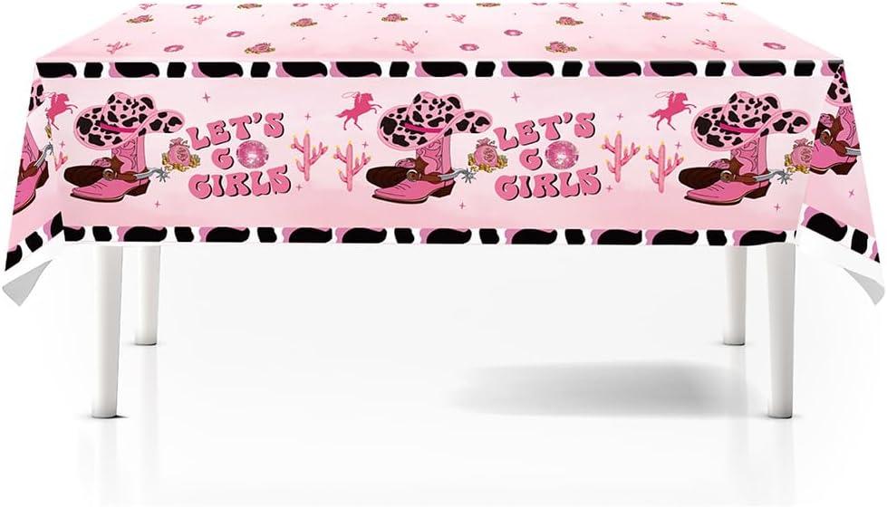 Western Cowgirl Party Table Cloth Let's Go Girls Disposable Table Cloth 51.18 x 86.61 Inch for Cowgirl Rodeo Disco Pink Cowgirl Birthday Bachelorette Theme Party (1Pack)