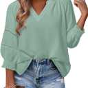Dokotoo Womens Summer Tops 3/4 Lantern Sleeve Casual V-Neck T-Shirts Pleated Loose Tunic Hollow-Out Blouse (Large, Green)