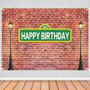 Celchvens 7x5ft Happy Birthday Street Sign Backdrop, 123 Green Sign Brick Wall and Lamp Posts Party Banner, Urban City Theme Birthday Party Photo Booth Background Decoration for Kids & Adults