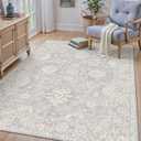 4x6 Blue Cream Washable Area Rug for Living Room Bedroom Neutral Floral Soft Non Slip Rug Low Pile Distressed Carpet for Dining Room Nursery Office Indoor