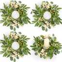 4 Pcs Green Eucalyptus Candle Rings Wreaths Spring Summer Kitchen Cabinet Wreaths Mini Green Berry Leaves Candle Wreath for Pillars Farmhouse Festival Wedding Celebrations Tabletop Decoration