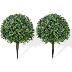 Artificial Boxwood Topiary Ball Trees (Set of 2) 24" Tall UV-Resistant Fake Evergreen Shrubs with Ground Spike for Outdoor Planters, Porch, Garden & Indoor Decor
