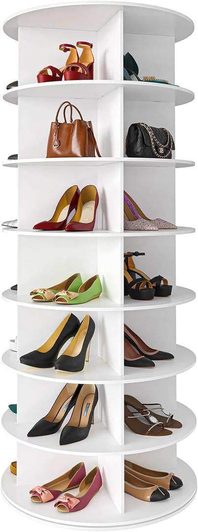 SpaceAid 7 Tier Rotating Shoe Rack Tower, Spinning Shoe Display Lazy Susan, Revolving 360 Shoe Rack Storage Round Carousel, Vertical Handbag Rotate Shoes Closet Organization (7-Tier White) (7 Tier (23.2"W x 63"H), White)