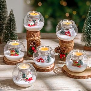 Glasseam DIY Christmas Candle Holder: 6 PCS Glass Tealight Votive Candle Holders with 8pcs Mini Christmas Figurines DIY Snow Globe Ornament for Table Centerpiece Xmax Decorations 3.15inch