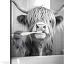 OWNANRTHM Highland Cow Bathroom Canvas Wall Art Funny Animals Bathroom Pictures Highland Cow Brushing Teeth Painting Black and White Animals Toilet Poster for Toilet Restroom Wall Framed 12X16 inch