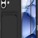 MZELQ Compatible with iPhone 17 Case 2025 TPU Card Holder Wallet,Camera Protection + Screen Protector Soft Card Slot Phone Cover for Girls Women -Black